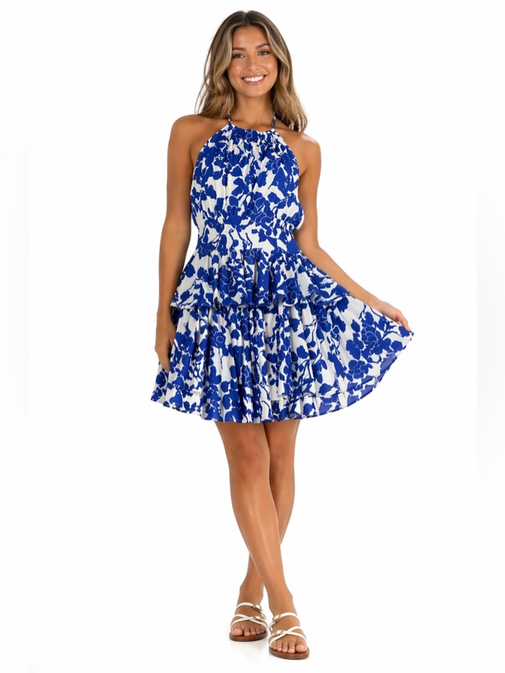Soleil Blue & White Floral Halter Tiered Mini Dress Size Small